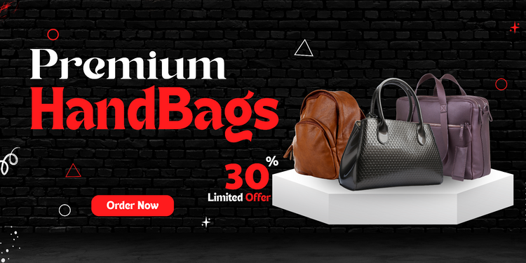 Advertisement for premium handbags with a discount offer on a black brick wall background.